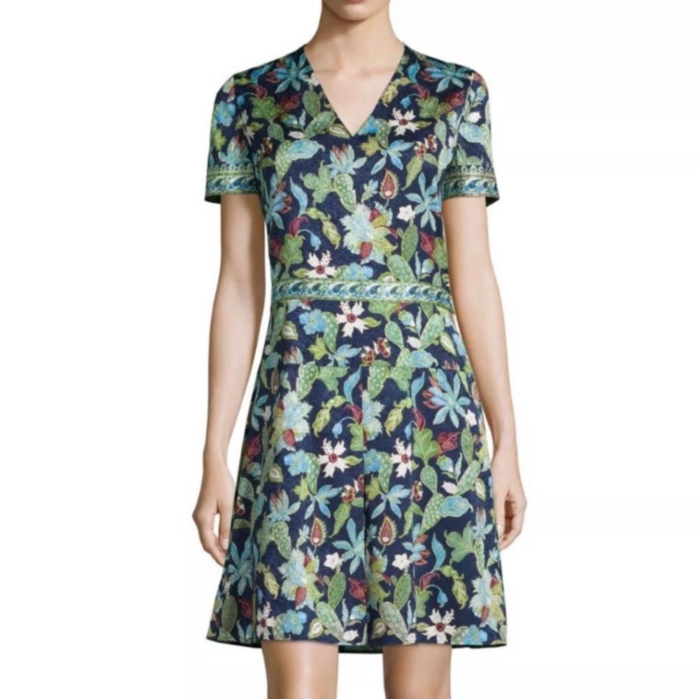 Tory Burch Navy Floral V‑Neck Fit & Flare Dress